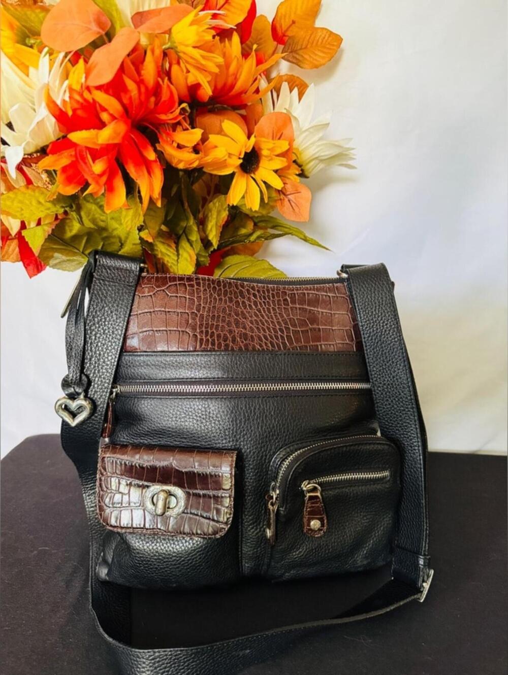 Brighton Large Black and Brown Leather Croc Embossed Crossbody Messenger Bag